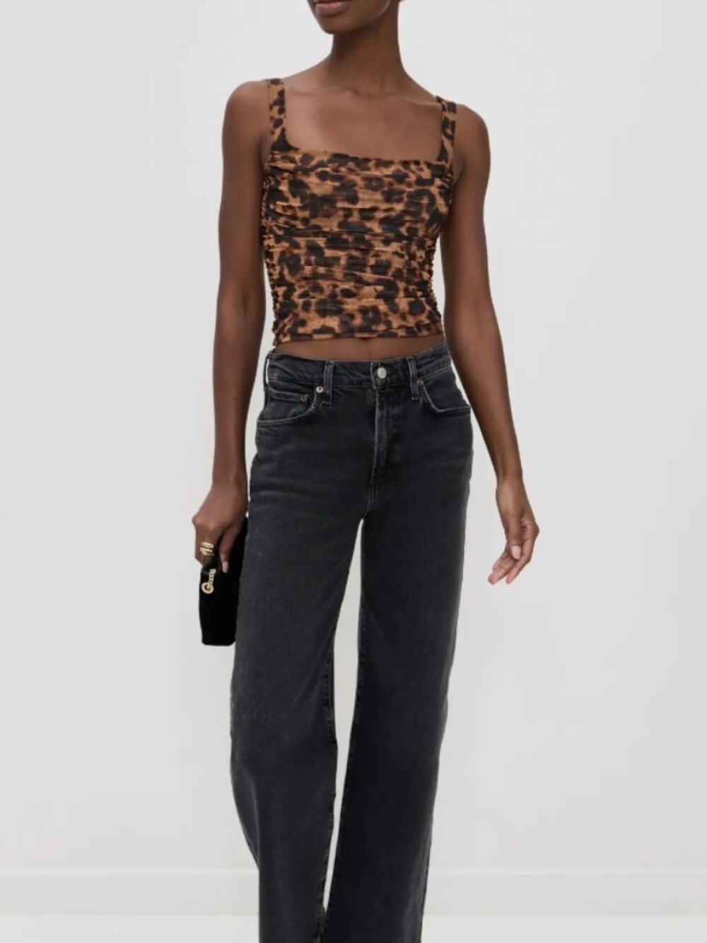 $225 NWT L'Agence Brown Black Amur Leopard Rasha Shirred Cropped Tank Top sz L